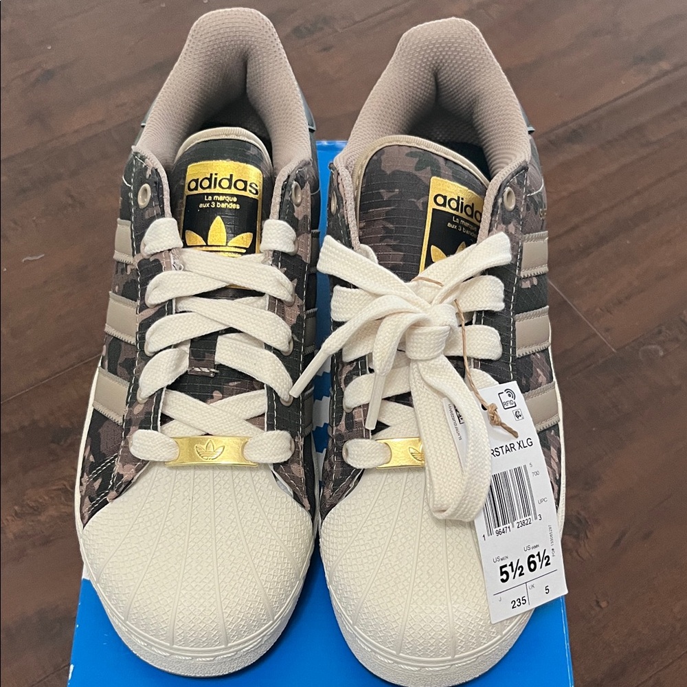Adidas Camo and Cream High-Top Sneakers